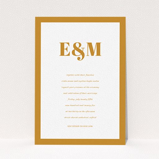 A personalised wedding invitation design named "Take on the sides". It is an A6 invite in a portrait orientation. "Take on the sides" is available as a flat invite, with tones of orange and white.