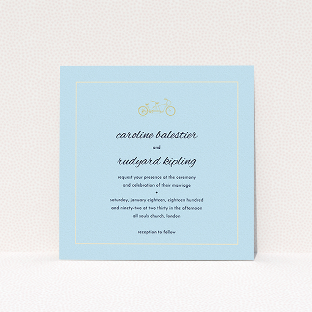 A personalised wedding invitation design called "Tandem sheet". It is a square (148mm x 148mm) invite in a square orientation. "Tandem sheet" is available as a flat invite, with mainly blue colouring.