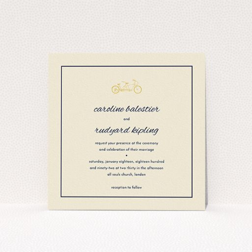 A personalised wedding invitation template titled "Tandem sheet". It is a square (148mm x 148mm) invite in a square orientation. "Tandem sheet" is available as a flat invite, with tones of cream and navy blue.