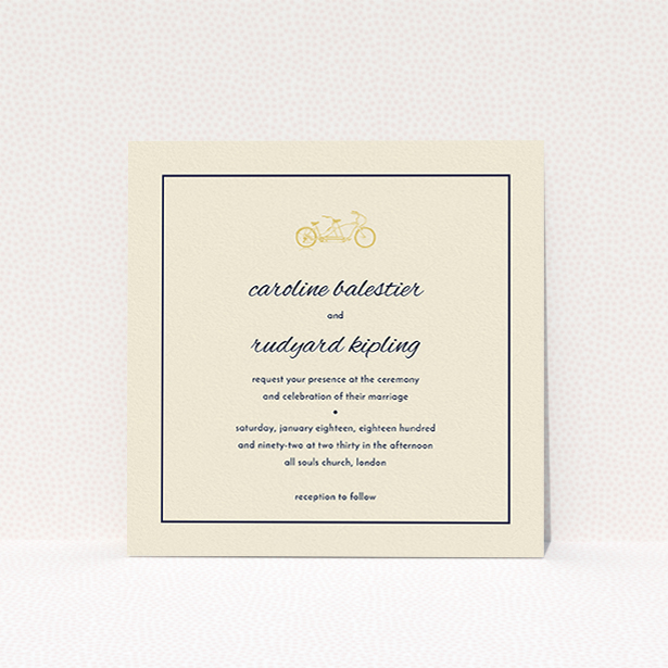 A personalised wedding invitation template titled "Tandem sheet". It is a square (148mm x 148mm) invite in a square orientation. "Tandem sheet" is available as a flat invite, with tones of cream and navy blue.