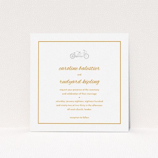 A personalised wedding invitation called "Tandem sheet". It is a square (148mm x 148mm) invite in a square orientation. "Tandem sheet" is available as a flat invite, with tones of white and orange.