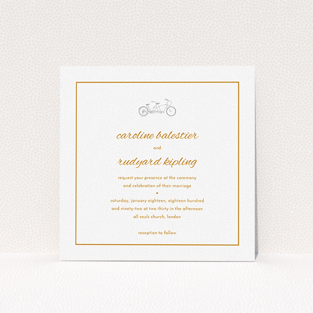 A personalised wedding invitation called "Tandem sheet". It is a square (148mm x 148mm) invite in a square orientation. "Tandem sheet" is available as a flat invite, with tones of white and orange.