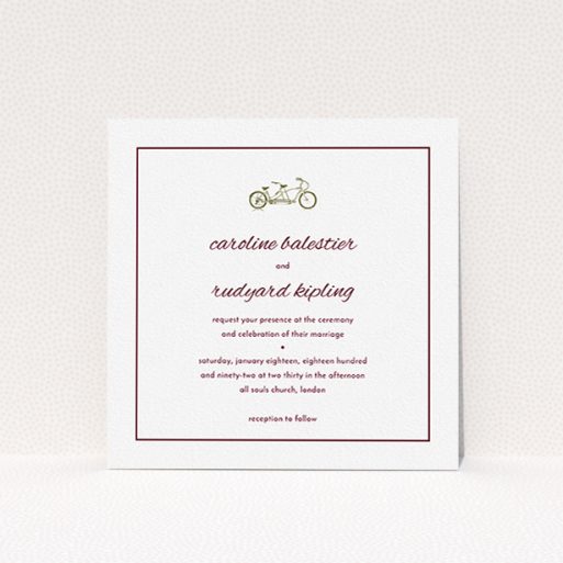 A personalised wedding invitation design titled "Tandem sheet". It is a square (148mm x 148mm) invite in a square orientation. "Tandem sheet" is available as a flat invite, with tones of white and burgundy.