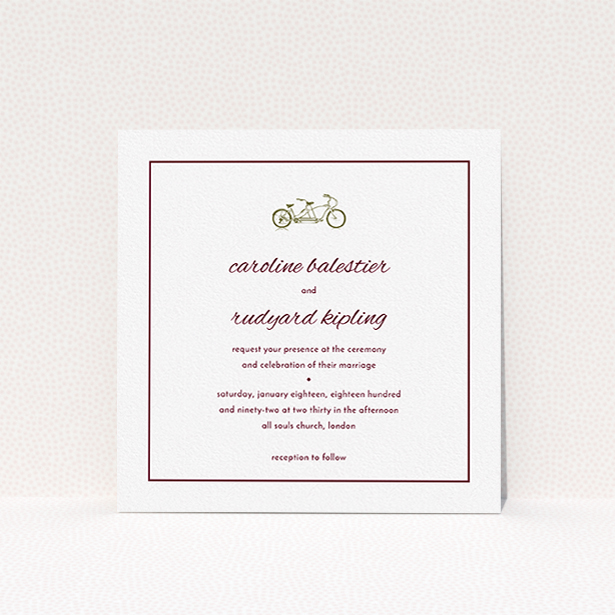 A personalised wedding invitation design titled "Tandem sheet". It is a square (148mm x 148mm) invite in a square orientation. "Tandem sheet" is available as a flat invite, with tones of white and burgundy.