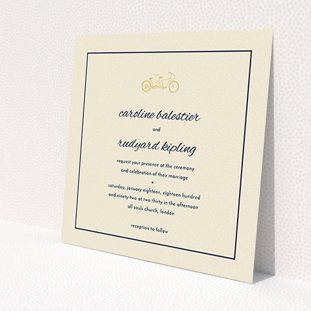 A personalised wedding invitation template titled 'Tandem sheet'. It is a square (148mm x 148mm) invite in a square orientation. 'Tandem sheet' is available as a flat invite, with tones of cream and navy blue.