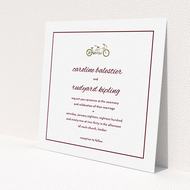 A personalised wedding invitation design titled 'Tandem sheet'. It is a square (148mm x 148mm) invite in a square orientation. 'Tandem sheet' is available as a flat invite, with tones of white and burgundy.