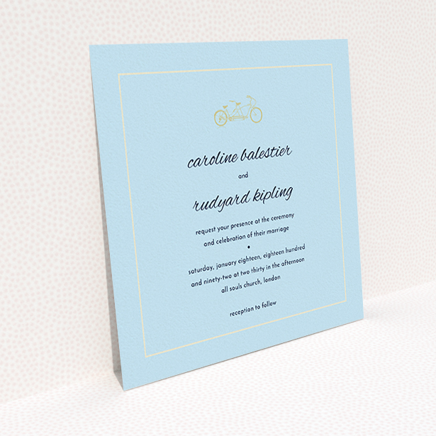 A personalised wedding invitation design called "Tandem sheet". It is a square (148mm x 148mm) invite in a square orientation. "Tandem sheet" is available as a flat invite, with mainly blue colouring.