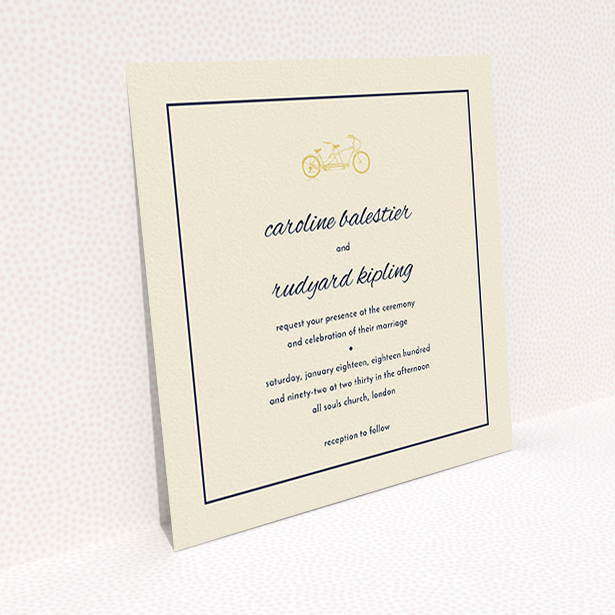 A personalised wedding invitation template titled "Tandem sheet". It is a square (148mm x 148mm) invite in a square orientation. "Tandem sheet" is available as a flat invite, with tones of cream and navy blue.