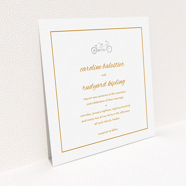 A personalised wedding invitation called "Tandem sheet". It is a square (148mm x 148mm) invite in a square orientation. "Tandem sheet" is available as a flat invite, with tones of white and orange.