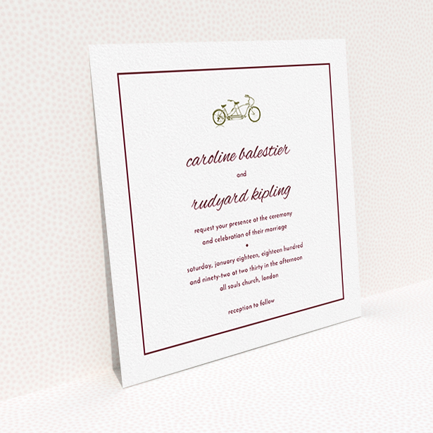 A personalised wedding invitation design titled "Tandem sheet". It is a square (148mm x 148mm) invite in a square orientation. "Tandem sheet" is available as a flat invite, with tones of white and burgundy.