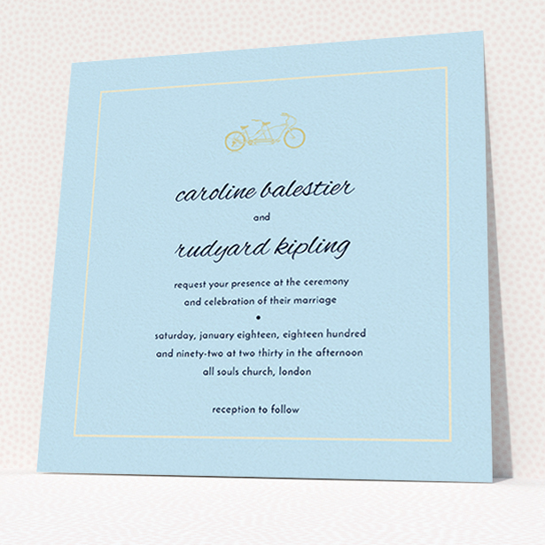 A personalised wedding invitation design called "Tandem sheet". It is a square (148mm x 148mm) invite in a square orientation. "Tandem sheet" is available as a flat invite, with mainly blue colouring.