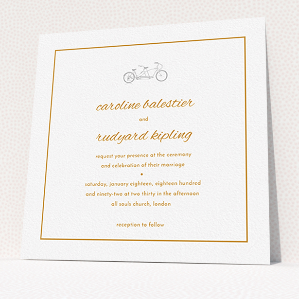 A personalised wedding invitation called "Tandem sheet". It is a square (148mm x 148mm) invite in a square orientation. "Tandem sheet" is available as a flat invite, with tones of white and orange.