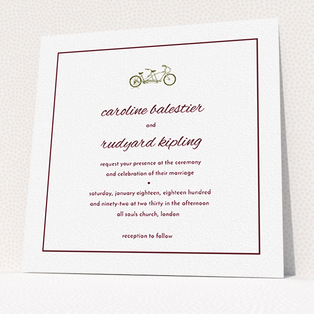 A personalised wedding invitation design titled "Tandem sheet". It is a square (148mm x 148mm) invite in a square orientation. "Tandem sheet" is available as a flat invite, with tones of white and burgundy.