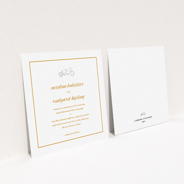A personalised wedding invitation called "Tandem sheet". It is a square (148mm x 148mm) invite in a square orientation. "Tandem sheet" is available as a flat invite, with tones of white and orange.