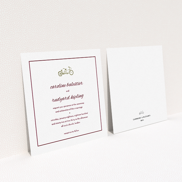 A personalised wedding invitation design titled "Tandem sheet". It is a square (148mm x 148mm) invite in a square orientation. "Tandem sheet" is available as a flat invite, with tones of white and burgundy.