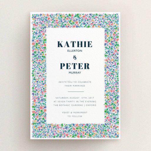A personalised wedding invitation called "The faraway garden". It is an A5 invite in a portrait orientation. "The faraway garden" is available as a flat invite, with tones of white, blue and green.