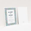 A personalised wedding invitation called "The faraway garden". It is an A5 invite in a portrait orientation. "The faraway garden" is available as a flat invite, with tones of white, blue and green.