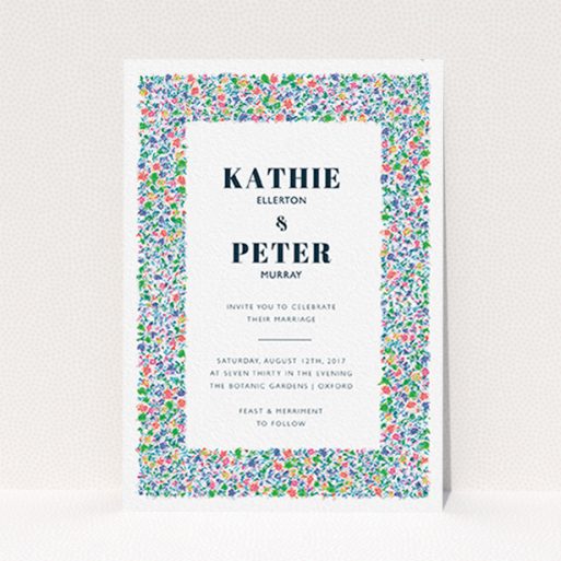 A personalised wedding invitation named "The faraway garden". It is an A6 invite in a portrait orientation. "The faraway garden" is available as a flat invite, with tones of white, blue and green.