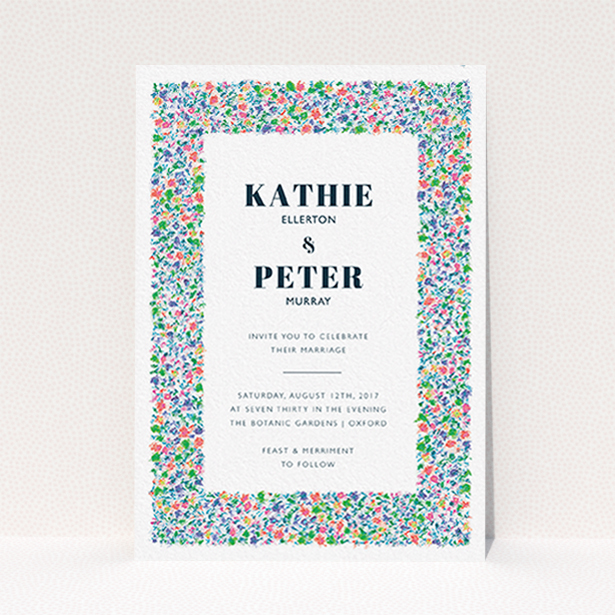 A personalised wedding invitation named "The faraway garden". It is an A6 invite in a portrait orientation. "The faraway garden" is available as a flat invite, with tones of white, blue and green.