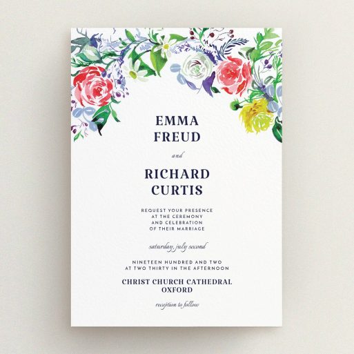 A personalised wedding invitation named "The flowerbed". It is an A5 invite in a portrait orientation. "The flowerbed" is available as a flat invite, with mainly green colouring.