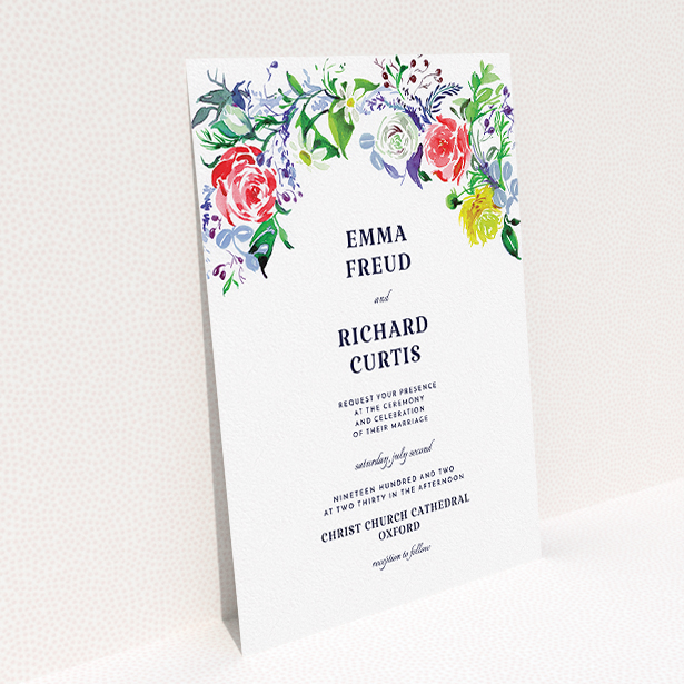 A personalised wedding invitation named "The flowerbed". It is an A5 invite in a portrait orientation. "The flowerbed" is available as a flat invite, with mainly green colouring.