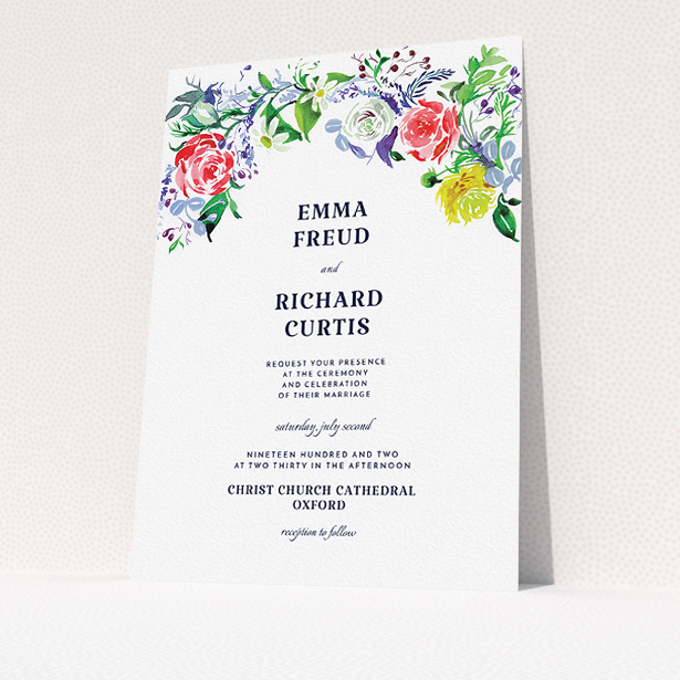 A personalised wedding invitation named "The flowerbed". It is an A5 invite in a portrait orientation. "The flowerbed" is available as a flat invite, with mainly green colouring.
