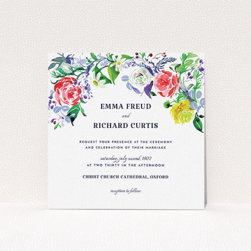 A personalised wedding invitation named "The flowerbed". It is a square (148mm x 148mm) invite in a square orientation. "The flowerbed" is available as a flat invite, with mainly green colouring.