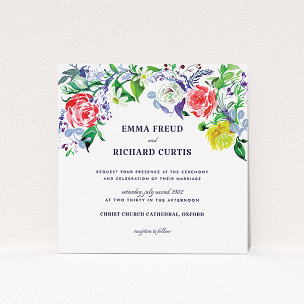 A personalised wedding invitation named "The flowerbed". It is a square (148mm x 148mm) invite in a square orientation. "The flowerbed" is available as a flat invite, with mainly green colouring.