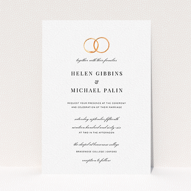 A personalised wedding invitation template titled "The newlyweds". It is an A6 invite in a portrait orientation. "The newlyweds" is available as a flat invite, with tones of white and gold.
