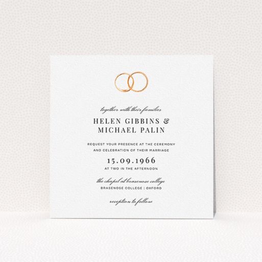 A personalised wedding invitation design named "The newlyweds". It is a square (148mm x 148mm) invite in a square orientation. "The newlyweds" is available as a flat invite, with tones of white and gold.