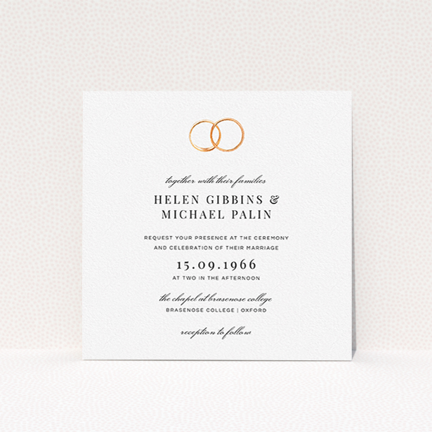 A personalised wedding invitation design named "The newlyweds". It is a square (148mm x 148mm) invite in a square orientation. "The newlyweds" is available as a flat invite, with tones of white and gold.