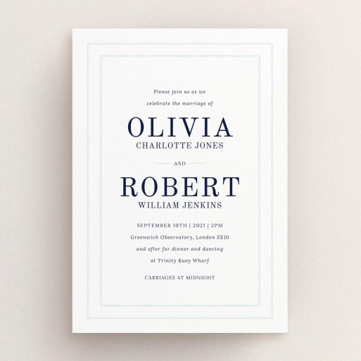 A personalised wedding invitation template titled "Thick White and Blue". It is an A5 invite in a portrait orientation. "Thick White and Blue" is available as a flat invite, with tones of blue and white.