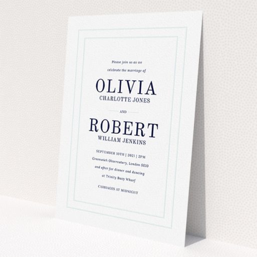 A personalised wedding invitation template titled 'Thick White and Blue'. It is an A5 invite in a portrait orientation. 'Thick White and Blue' is available as a flat invite, with tones of blue and white.