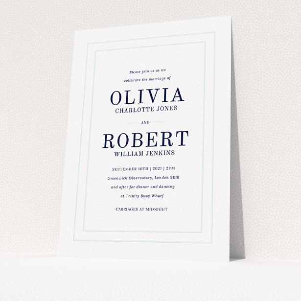 A personalised wedding invitation template titled "Thick White and Blue". It is an A5 invite in a portrait orientation. "Thick White and Blue" is available as a flat invite, with tones of blue and white.