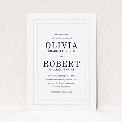 A personalised wedding invitation called "Thick White and Blue". It is an A6 invite in a portrait orientation. "Thick White and Blue" is available as a flat invite, with tones of blue and white.