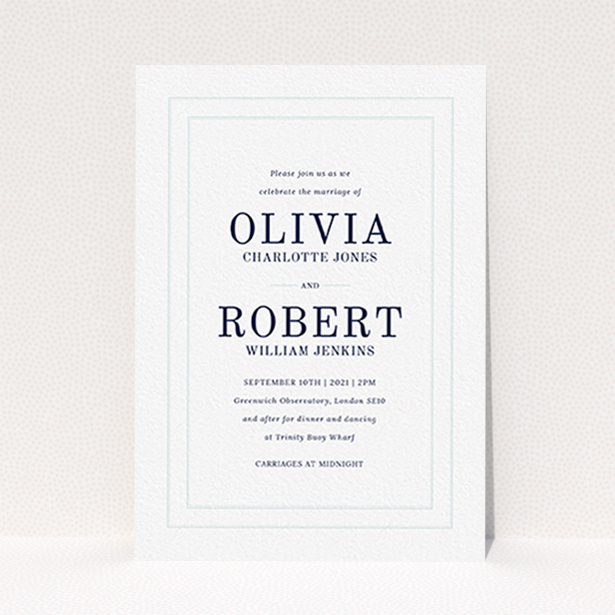 A personalised wedding invitation called "Thick White and Blue". It is an A6 invite in a portrait orientation. "Thick White and Blue" is available as a flat invite, with tones of blue and white.