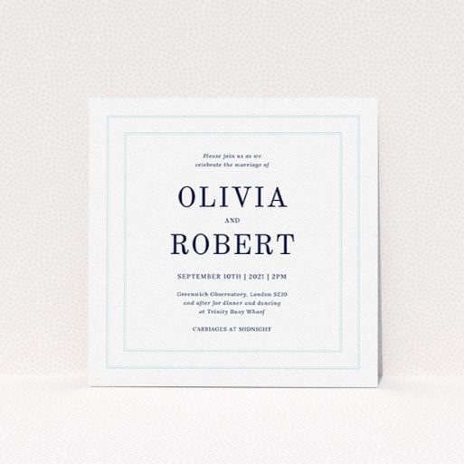 A personalised wedding invitation named "Thick White and Blue". It is a square (148mm x 148mm) invite in a square orientation. "Thick White and Blue" is available as a flat invite, with tones of blue and white.