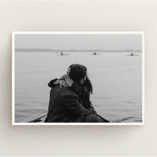 A personalised wedding invitation design titled "Thick White Framed Photo". It is an A5 invite in a landscape orientation. It is a photographic personalised wedding invitation with room for 1 photo. "Thick White Framed Photo" is available as a flat invite.