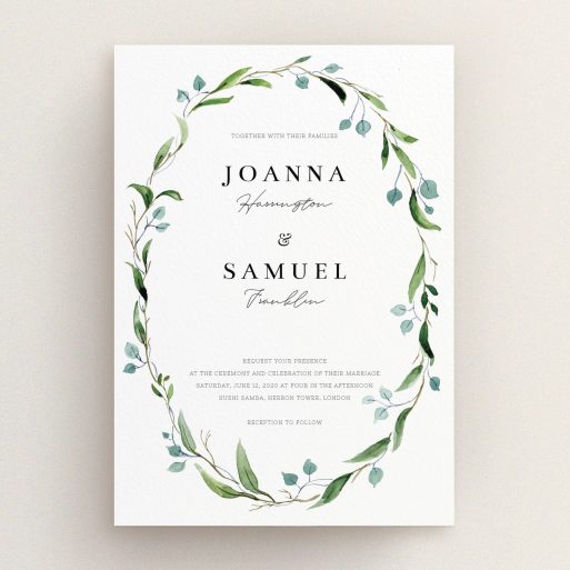 A personalised wedding invitation named "Thin Watercolour Wreath". It is an A5 invite in a portrait orientation. "Thin Watercolour Wreath" is available as a flat invite, with tones of blue and green.