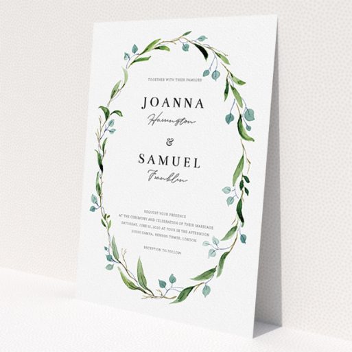 A personalised wedding invitation named 'Thin Watercolour Wreath'. It is an A5 invite in a portrait orientation. 'Thin Watercolour Wreath' is available as a flat invite, with tones of blue and green.