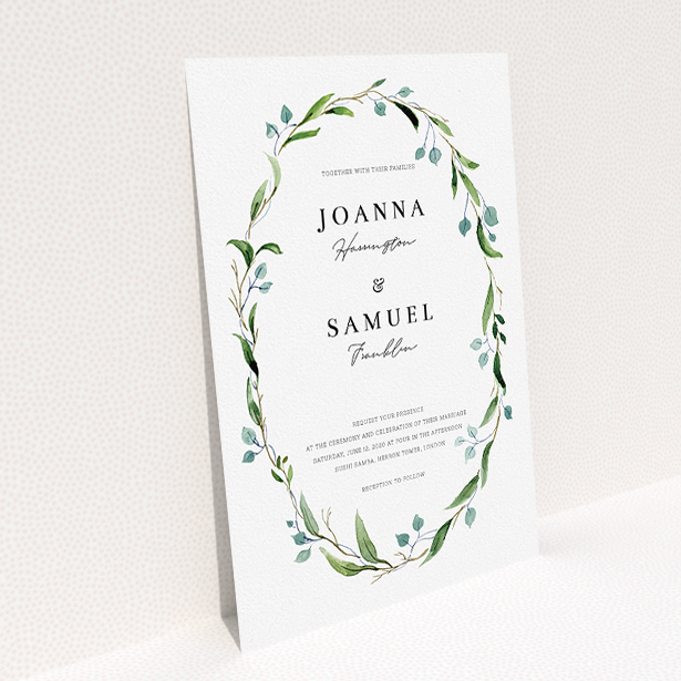 A personalised wedding invitation named "Thin Watercolour Wreath". It is an A5 invite in a portrait orientation. "Thin Watercolour Wreath" is available as a flat invite, with tones of blue and green.