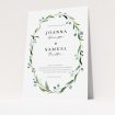 A personalised wedding invitation named "Thin Watercolour Wreath". It is an A5 invite in a portrait orientation. "Thin Watercolour Wreath" is available as a flat invite, with tones of blue and green.