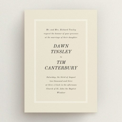 A personalised wedding invitation design titled "Three line border". It is an A5 invite in a portrait orientation. "Three line border" is available as a flat invite, with mainly dark cream colouring.