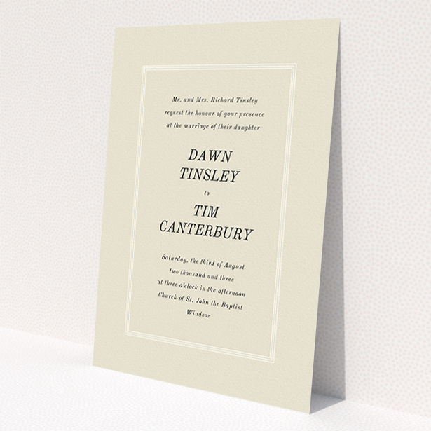 A personalised wedding invitation design titled 'Three line border'. It is an A5 invite in a portrait orientation. 'Three line border' is available as a flat invite, with mainly dark cream colouring.