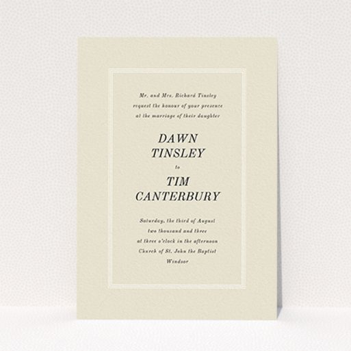 A personalised wedding invitation design called "Three line border". It is an A6 invite in a portrait orientation. "Three line border" is available as a flat invite, with mainly dark cream colouring.