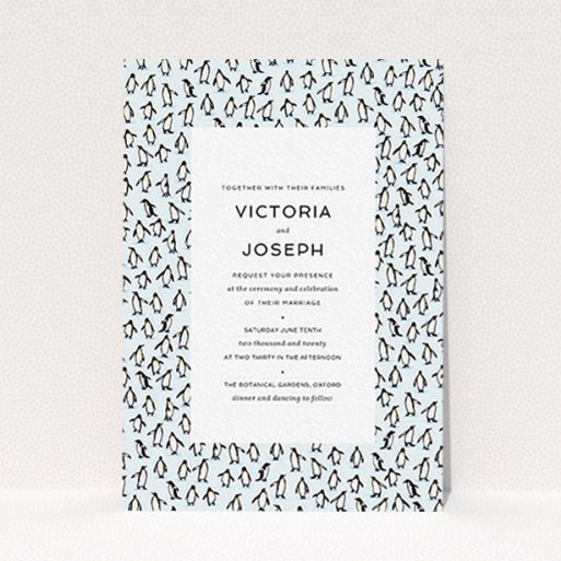 A personalised wedding invitation design titled "Tiny, Tiny Penguins". It is an A6 invite in a portrait orientation. "Tiny, Tiny Penguins" is available as a flat invite, with tones of blue and white.
