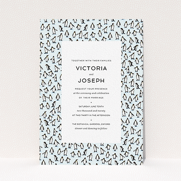A personalised wedding invitation design titled "Tiny, Tiny Penguins". It is an A6 invite in a portrait orientation. "Tiny, Tiny Penguins" is available as a flat invite, with tones of blue and white.