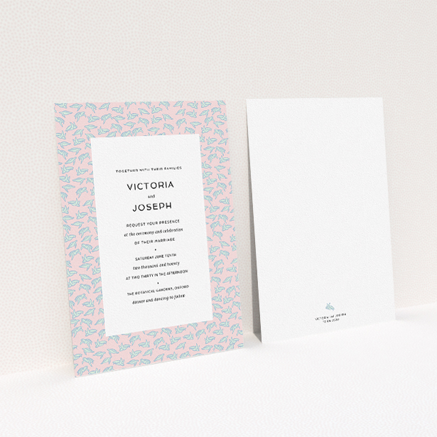 A personalised wedding invitation design named "Tiny, Tiny Turtles". It is an A5 invite in a portrait orientation. "Tiny, Tiny Turtles" is available as a flat invite, with tones of blue and pink.