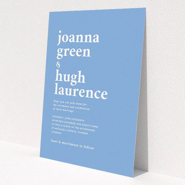 A personalised wedding invitation called "To the left". It is an A5 invite in a portrait orientation. "To the left" is available as a flat invite, with tones of blue and white.