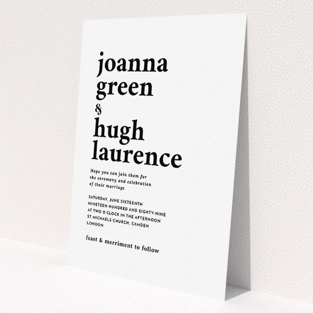 A personalised wedding invitation named "To the left". It is an A5 invite in a portrait orientation. "To the left" is available as a flat invite, with mainly white colouring.